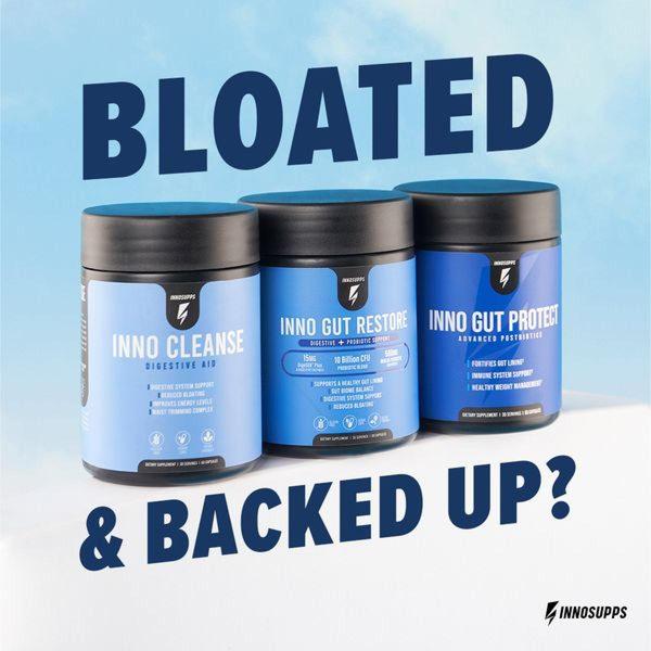 A clear, high-contrast 1:1 image featuring three core digestive supplement products, utilizing a direct question to hook the viewer.